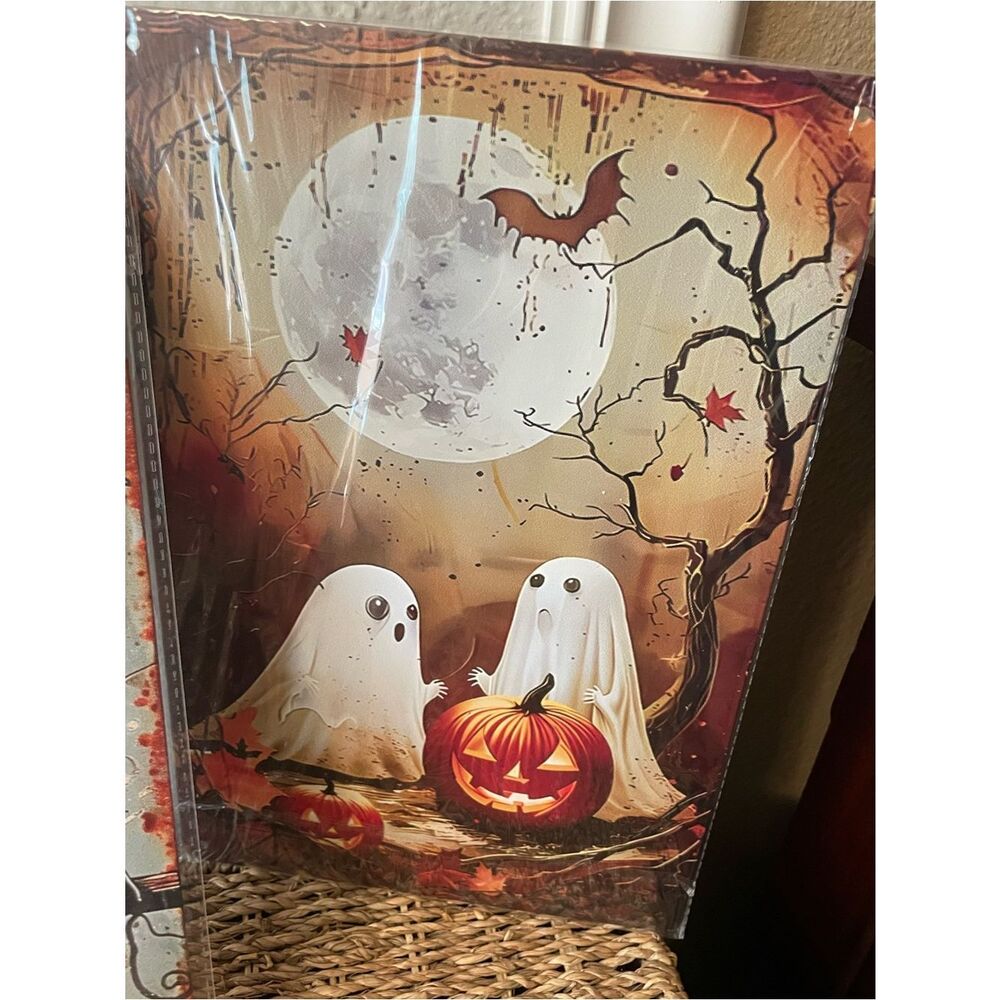 Vintage Halloween Witch & Cat & Ghosts Metal Sign - Black, Orange, White 8.5x12 - Picture 5 of 12